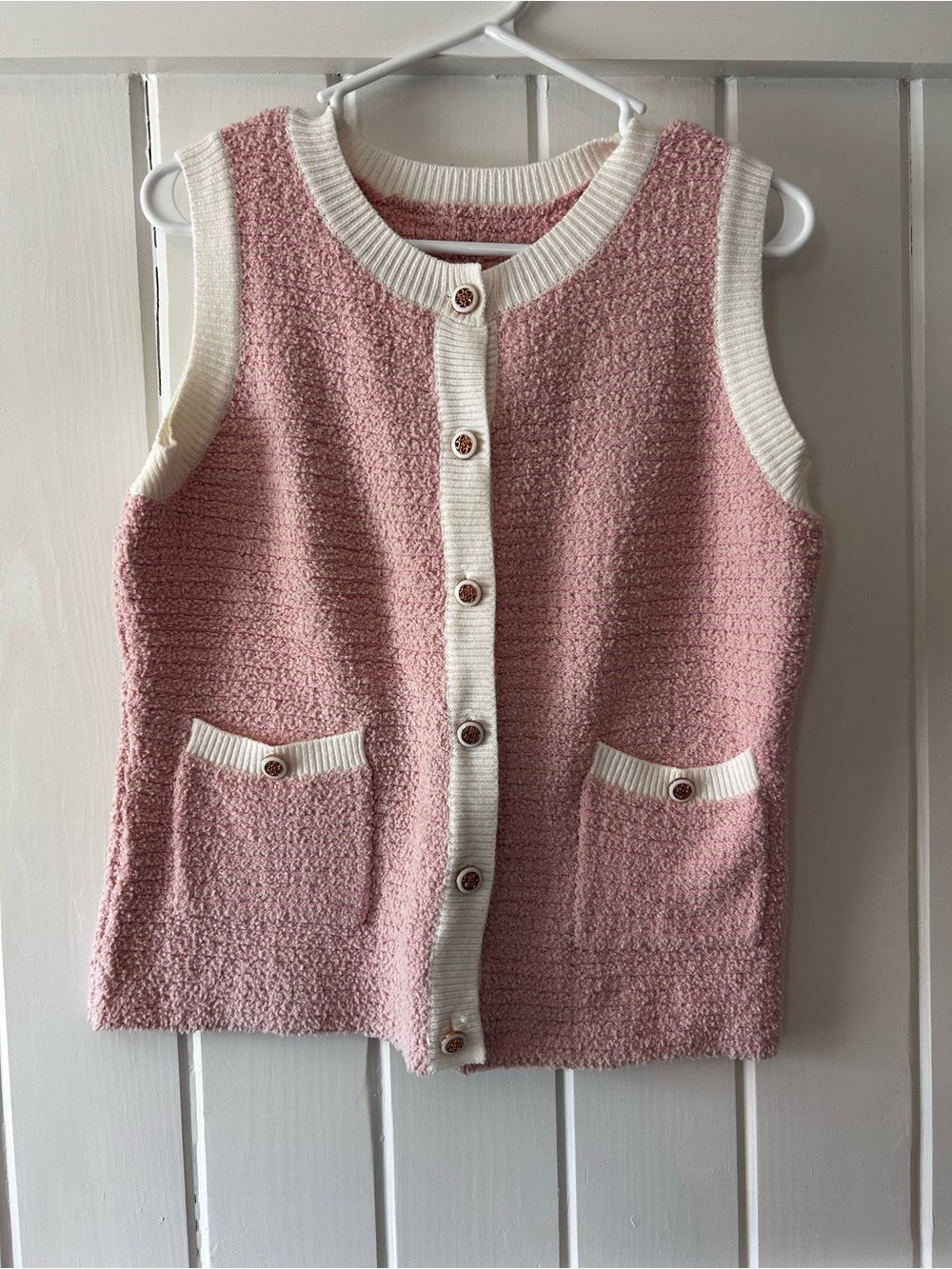 Pink Bouclé Sleeveless Button-Front Vest with Cream Trim